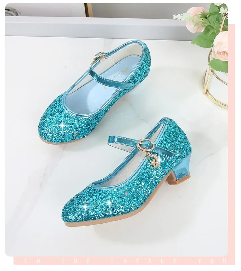 Girls Shoes Children High Heel Glitter Crystal Sandals Fashion Buckle Kids Princess Dance Shoe Student Performance Leather Shoes