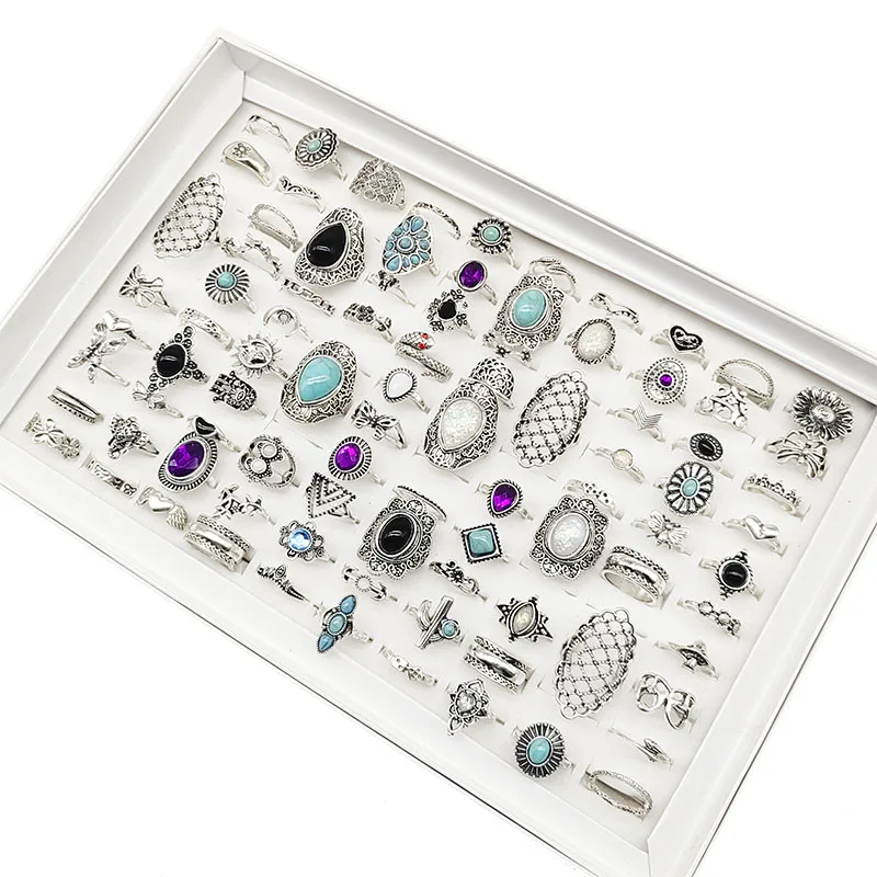 50pcs/Lot Wholesale Vintage Exaggerate Big Water Drop Finger Rings for Women Purple Crystal Oval Opal Stone Bear Acrylic Jewelry