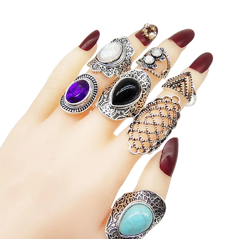 50pcs/Lot Wholesale Vintage Exaggerate Big Water Drop Finger Rings for Women Purple Crystal Oval Opal Stone Bear Acrylic Jewelry
