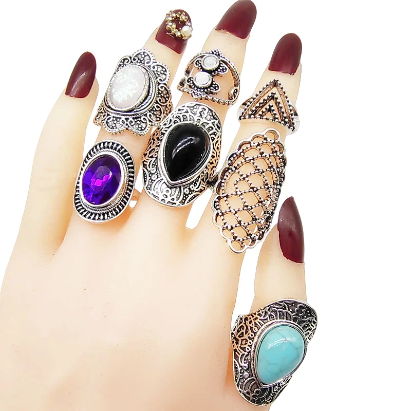 50pcs/Lot Wholesale Vintage Exaggerate Big Water Drop Finger Rings for Women Purple Crystal Oval Opal Stone Bear Acrylic Jewelry