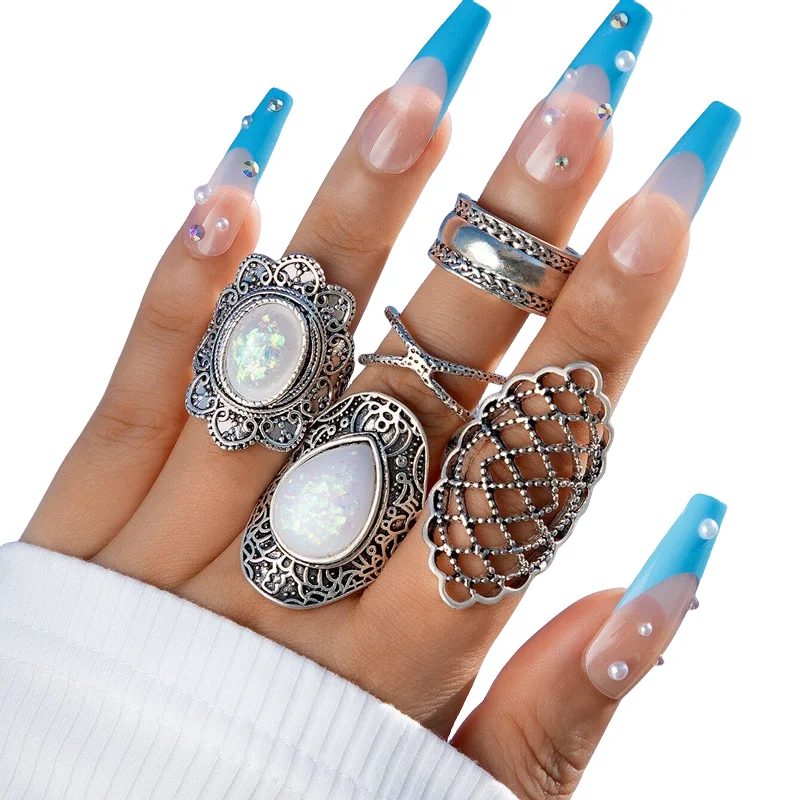 50pcs/Lot Wholesale Vintage Exaggerate Big Water Drop Finger Rings for Women Purple Crystal Oval Opal Stone Bear Acrylic Jewelry