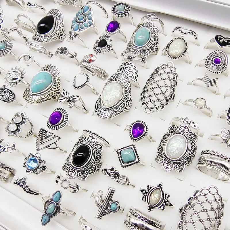 50pcs/Lot Wholesale Vintage Exaggerate Big Water Drop Finger Rings for Women Purple Crystal Oval Opal Stone Bear Acrylic Jewelry