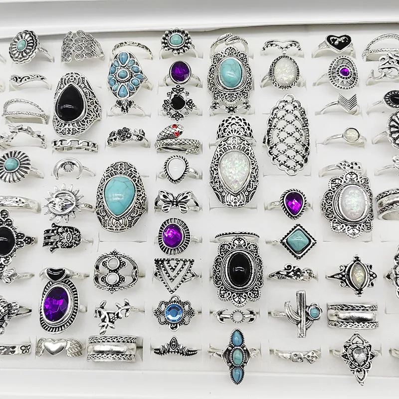 50pcs/Lot Wholesale Vintage Exaggerate Big Water Drop Finger Rings for Women Purple Crystal Oval Opal Stone Bear Acrylic Jewelry