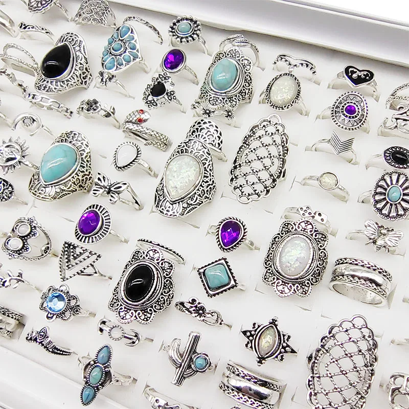 50pcs/Lot Wholesale Vintage Exaggerate Big Water Drop Finger Rings for Women Purple Crystal Oval Opal Stone Bear Acrylic Jewelry