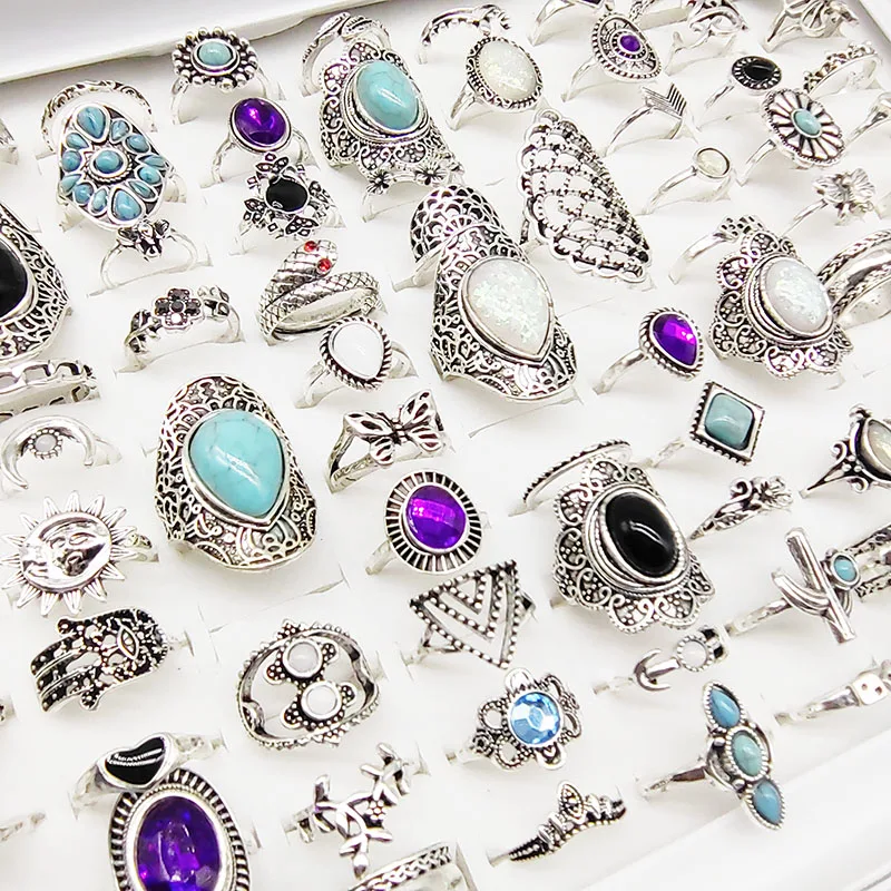50pcs/Lot Wholesale Vintage Exaggerate Big Water Drop Finger Rings for Women Purple Crystal Oval Opal Stone Bear Acrylic Jewelry