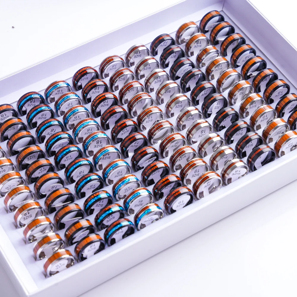 20Pcs/Lot Vintage Wood Grain Inlaid Pattern 8mm Stainless Steel Rings for Men Women Wedding Engagement Jewelry Mix Styles