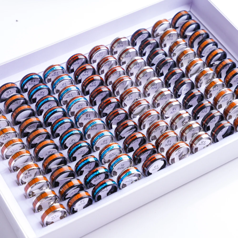 20Pcs/Lot Vintage Wood Grain Inlaid Pattern 8mm Stainless Steel Rings for Men Women Wedding Engagement Jewelry Mix Styles