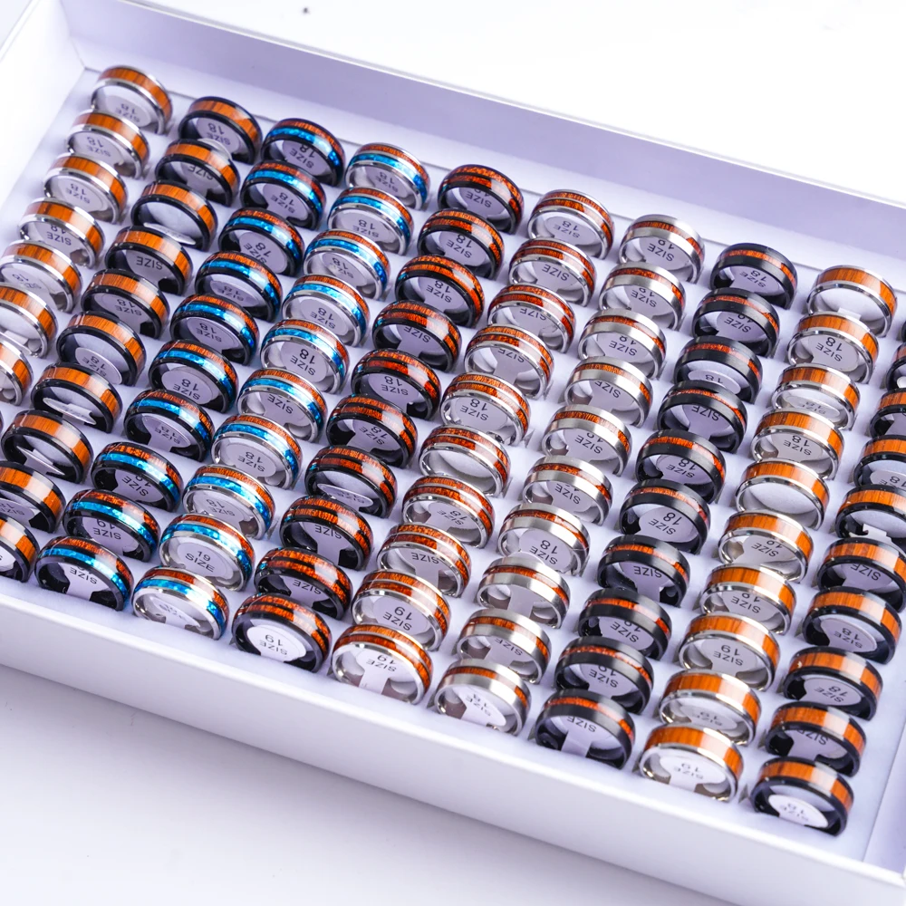 20Pcs/Lot Vintage Wood Grain Inlaid Pattern 8mm Stainless Steel Rings for Men Women Wedding Engagement Jewelry Mix Styles