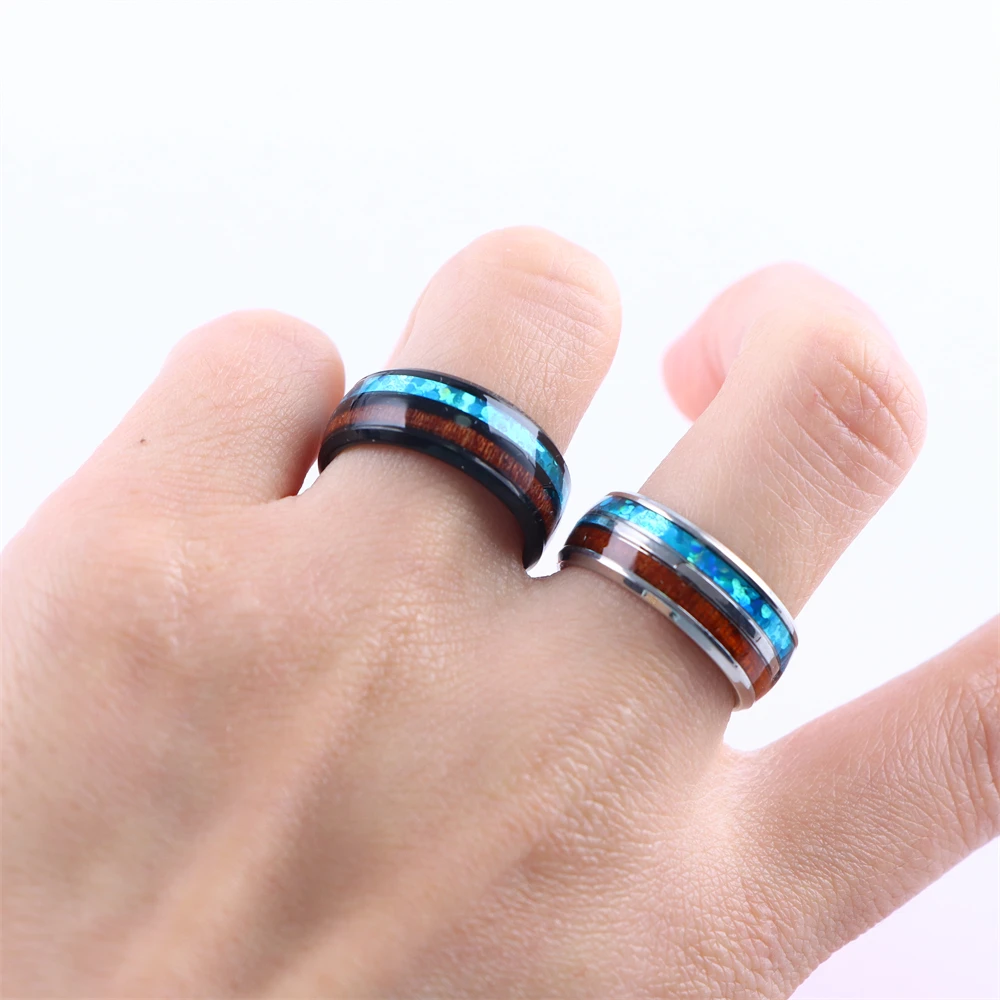 20Pcs/Lot Vintage Wood Grain Inlaid Pattern 8mm Stainless Steel Rings for Men Women Wedding Engagement Jewelry Mix Styles