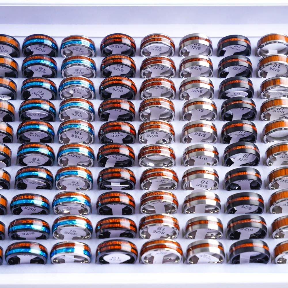 20Pcs/Lot Vintage Wood Grain Inlaid Pattern 8mm Stainless Steel Rings for Men Women Wedding Engagement Jewelry Mix Styles