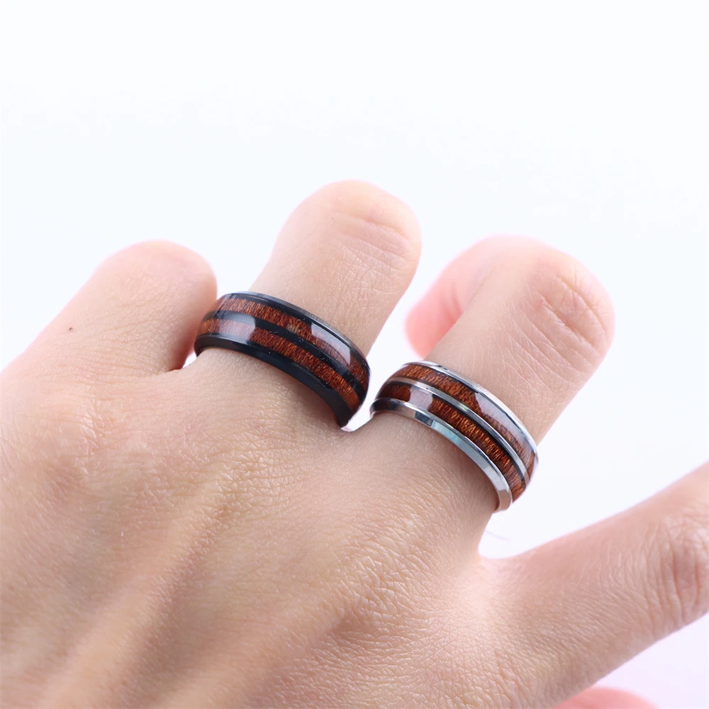 20Pcs/Lot Vintage Wood Grain Inlaid Pattern 8mm Stainless Steel Rings for Men Women Wedding Engagement Jewelry Mix Styles