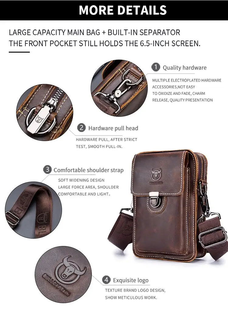 BULLCAPTAIN Crazy Horse Leather Male Waist Pack Phone Pouch Bags Waist Bag Men's Small Chest Shoulder Belt Bag Back Pack