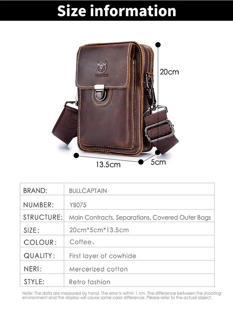 BULLCAPTAIN Crazy Horse Leather Male Waist Pack Phone Pouch Bags Waist Bag Men's Small Chest Shoulder Belt Bag Back Pack