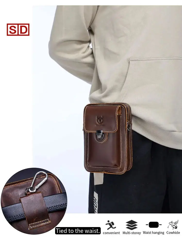 BULLCAPTAIN Crazy Horse Leather Male Waist Pack Phone Pouch Bags Waist Bag Men's Small Chest Shoulder Belt Bag Back Pack