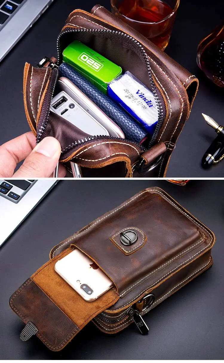 BULLCAPTAIN Crazy Horse Leather Male Waist Pack Phone Pouch Bags Waist Bag Men's Small Chest Shoulder Belt Bag Back Pack