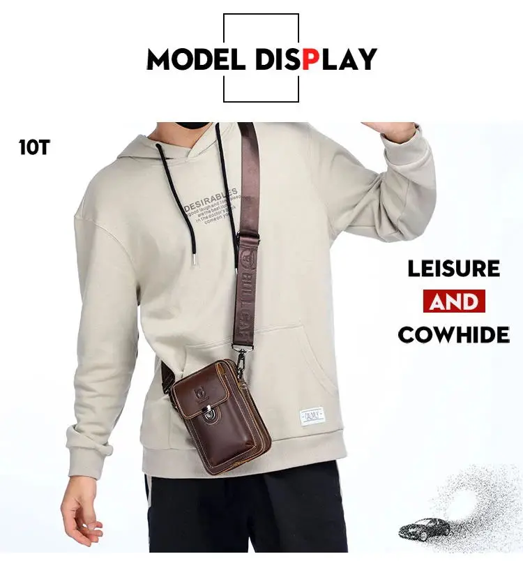 BULLCAPTAIN Crazy Horse Leather Male Waist Pack Phone Pouch Bags Waist Bag Men's Small Chest Shoulder Belt Bag Back Pack