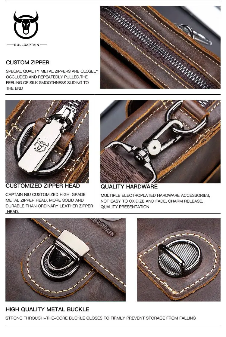 BULLCAPTAIN Crazy Horse Leather Male Waist Pack Phone Pouch Bags Waist Bag Men's Small Chest Shoulder Belt Bag Back Pack
