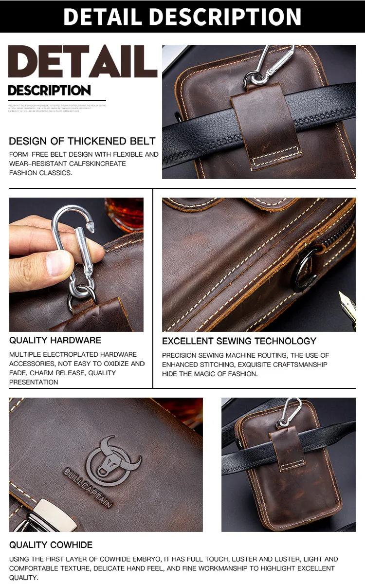 BULLCAPTAIN Crazy Horse Leather Male Waist Pack Phone Pouch Bags Waist Bag Men's Small Chest Shoulder Belt Bag Back Pack