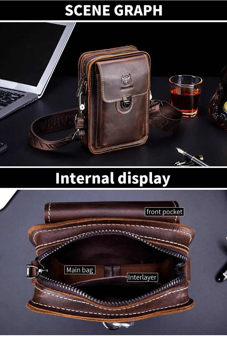 BULLCAPTAIN Crazy Horse Leather Male Waist Pack Phone Pouch Bags Waist Bag Men's Small Chest Shoulder Belt Bag Back Pack