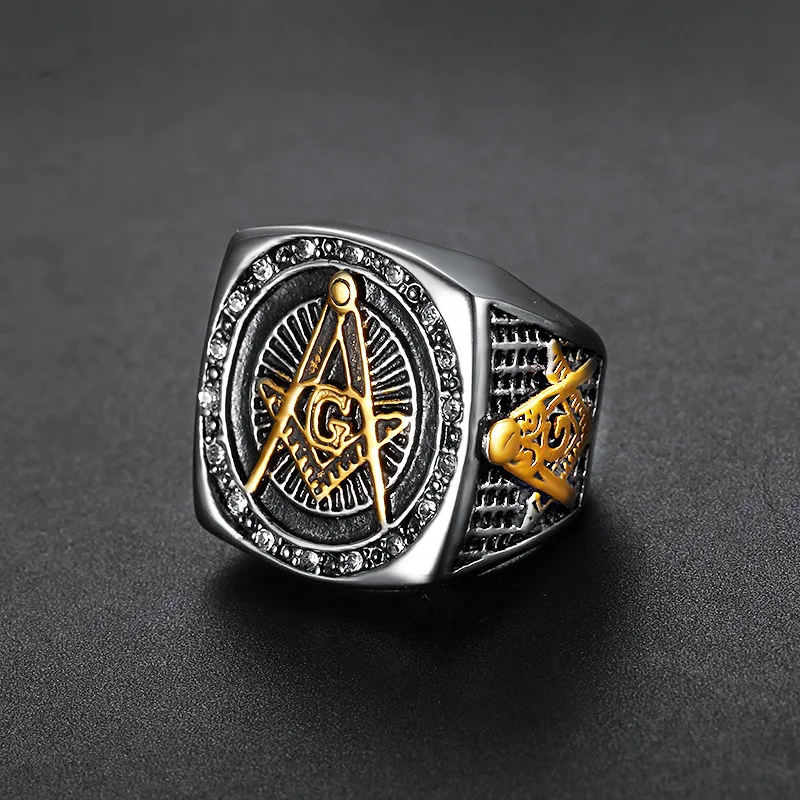Fashion Rhinestone Masonic Ring Stainless Steel Charm Jewelry Exquisite Mason Freemason Women Men Ring SMR0012