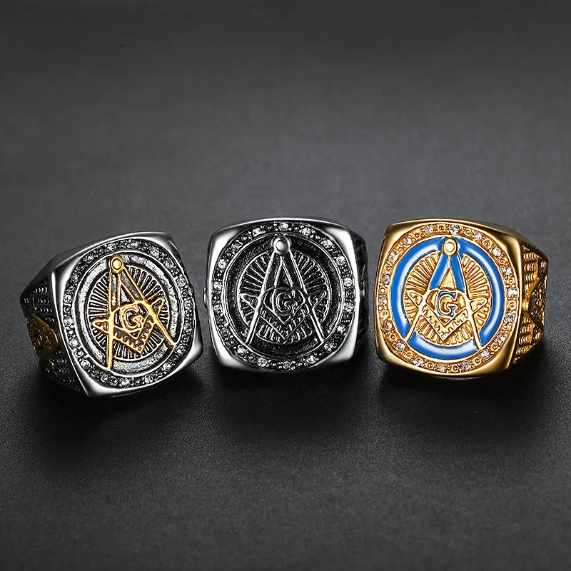 Fashion Rhinestone Masonic Ring Stainless Steel Charm Jewelry Exquisite Mason Freemason Women Men Ring SMR0012