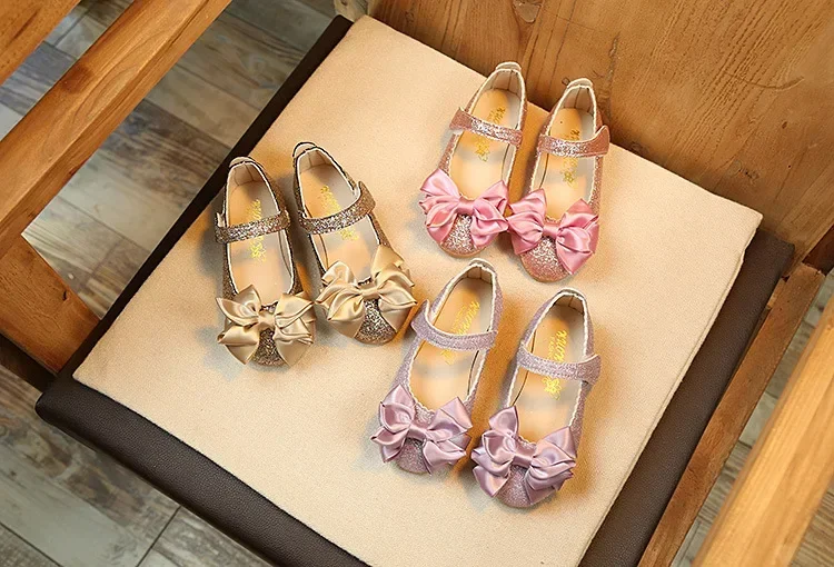 Girls Leather Shoes for Toddlers Kids Big Children Flats Glitter with Bow-knot Princess Sweet Bling Dress Shoes for Dance Party