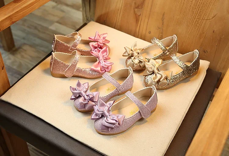 Girls Leather Shoes for Toddlers Kids Big Children Flats Glitter with Bow-knot Princess Sweet Bling Dress Shoes for Dance Party