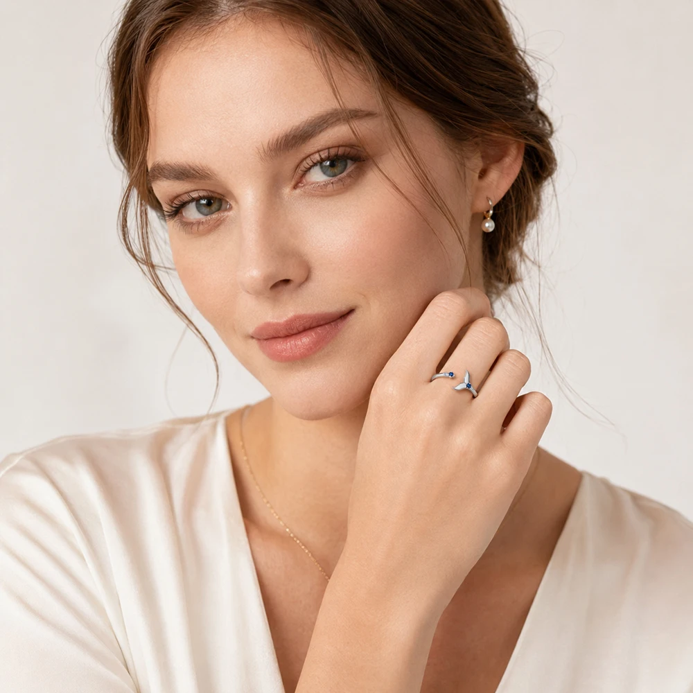 Ring Dolphin Tail Fin With Blue Stones,2022 Europe Style Glam Fine Jewerly For Women Cheerful Gift In Solid 925 Sterling Silver