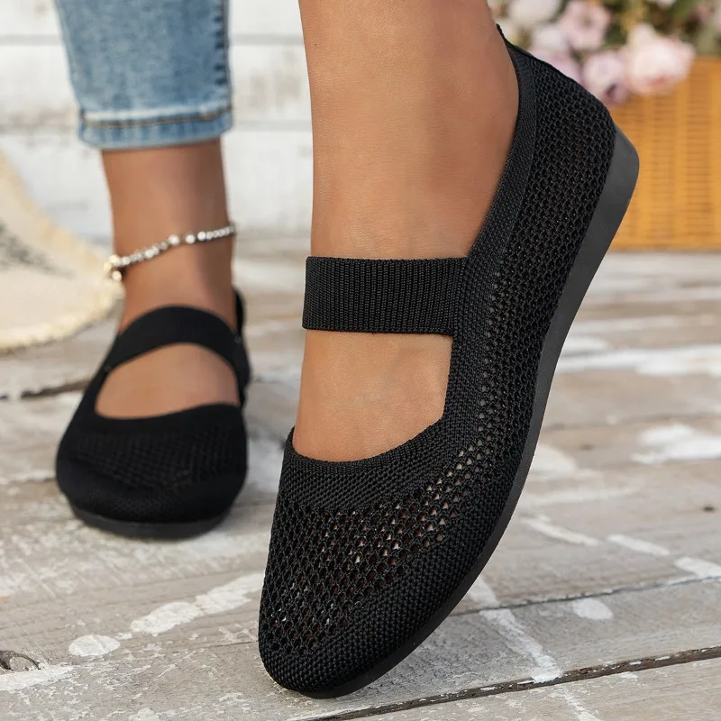 Autumn New Womens Fashion Round Toe Flat Non-Slip Womens Shoes Solid Color Mesh Shallow Mouth Slip-On Women Shoes Large Size