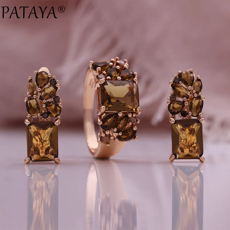 PATAYA Fashion Light Brown Natural Zircon Bride Ring Earring for Women 585 Rose Gold Color High Quality Daily Jewelry Sets
