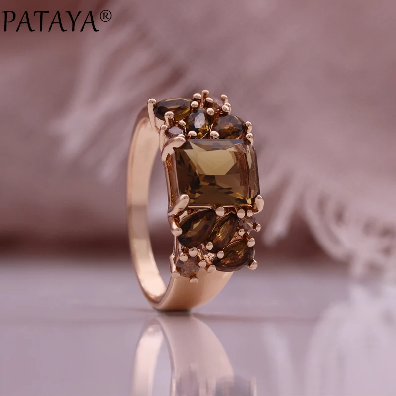 PATAYA Fashion Light Brown Natural Zircon Bride Ring Earring for Women 585 Rose Gold Color High Quality Daily Jewelry Sets