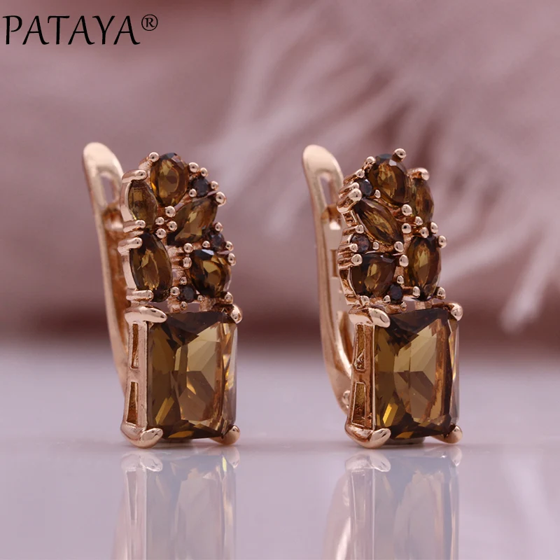 PATAYA Fashion Light Brown Natural Zircon Bride Ring Earring for Women 585 Rose Gold Color High Quality Daily Jewelry Sets