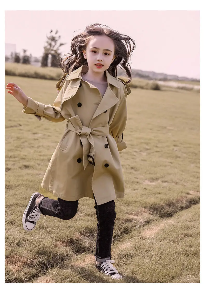 3-14 years Spring Autumn Girls Windbreaker Trench Coat Windproof Children Kid's Mid-Length Jacket Coat Baby Teenagers Overcoat