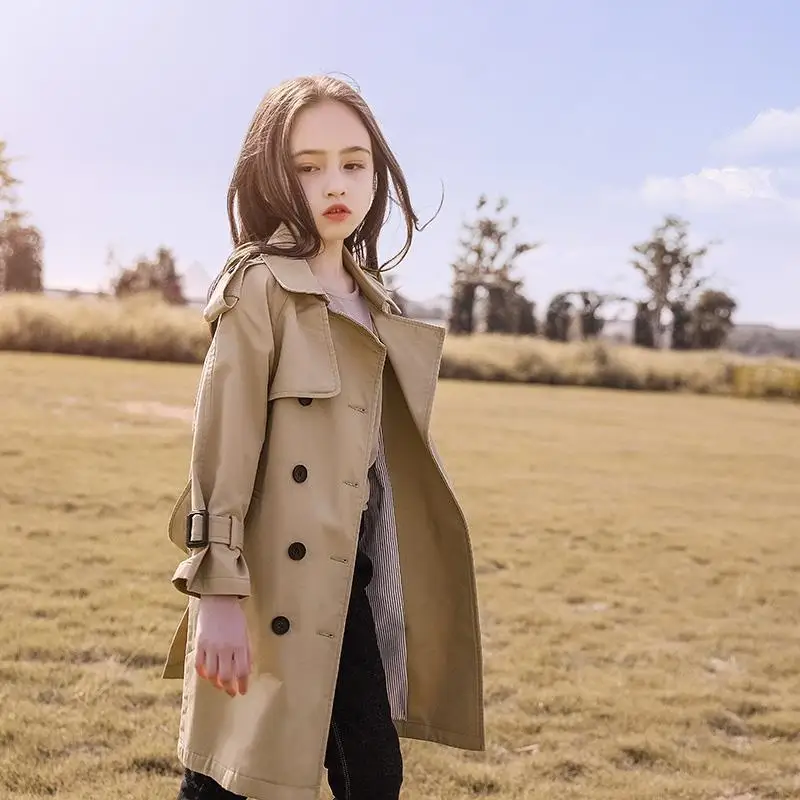 3-14 years Spring Autumn Girls Windbreaker Trench Coat Windproof Children Kid's Mid-Length Jacket Coat Baby Teenagers Overcoat