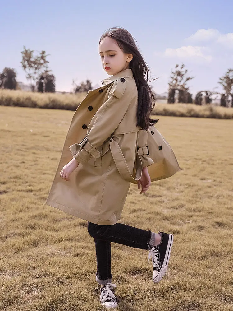 3-14 years Spring Autumn Girls Windbreaker Trench Coat Windproof Children Kid's Mid-Length Jacket Coat Baby Teenagers Overcoat