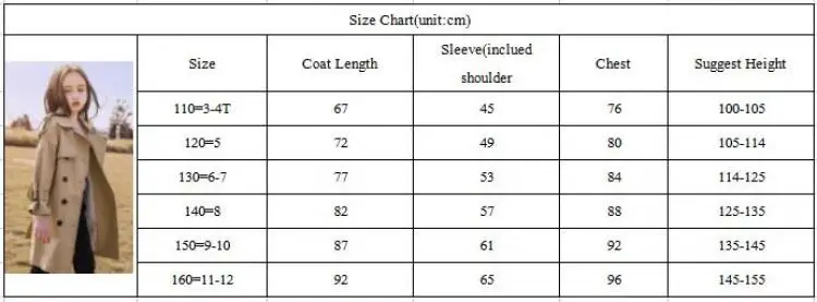 3-14 years Spring Autumn Girls Windbreaker Trench Coat Windproof Children Kid's Mid-Length Jacket Coat Baby Teenagers Overcoat