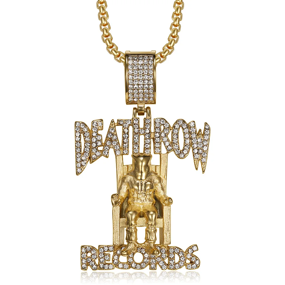 Hiphop Deathrow Records Stainless Steel Pendant Necklaces for Men Iced Out Cubic Zirconia Charms Pendants Fashion Jewelry