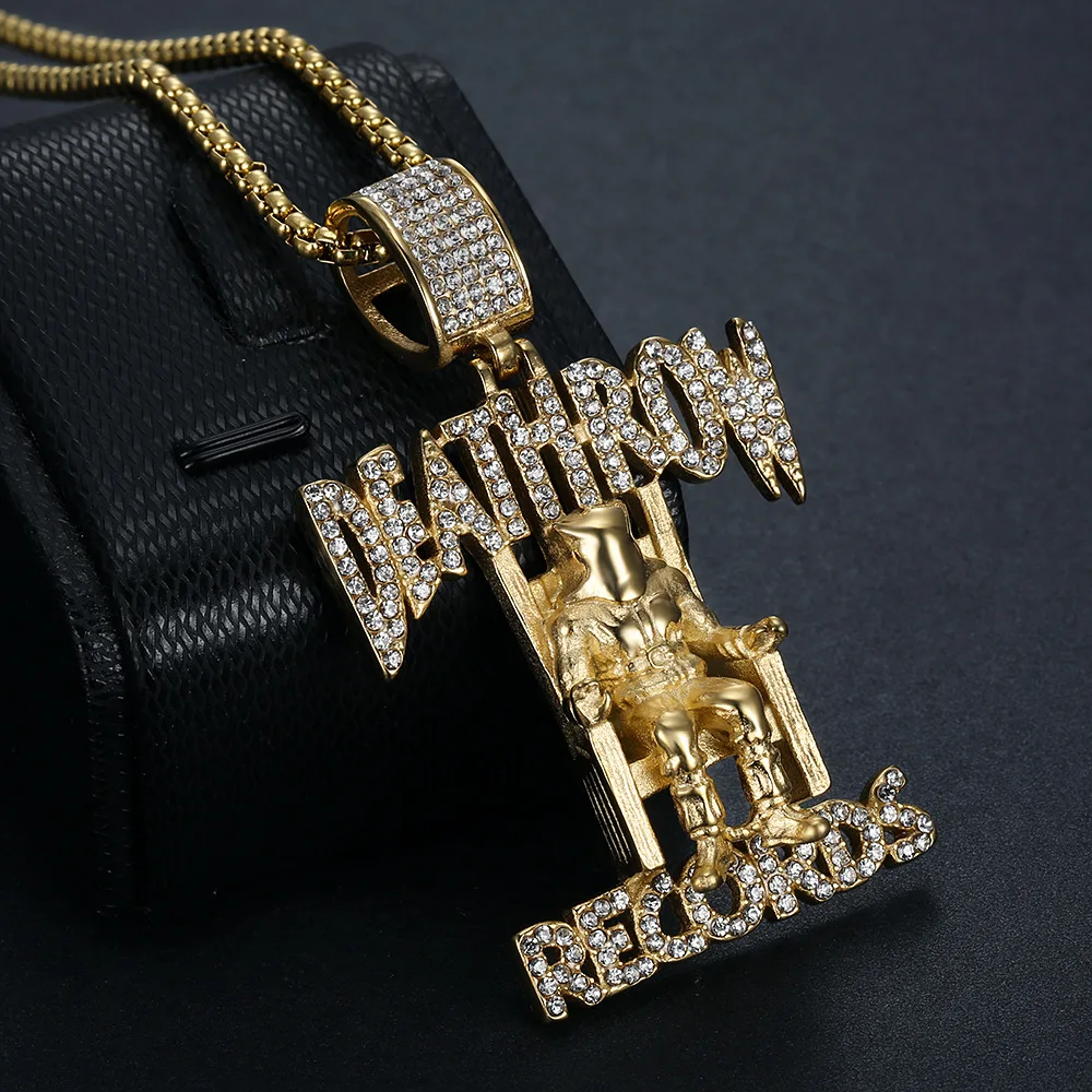Hiphop Deathrow Records Stainless Steel Pendant Necklaces for Men Iced Out Cubic Zirconia Charms Pendants Fashion Jewelry