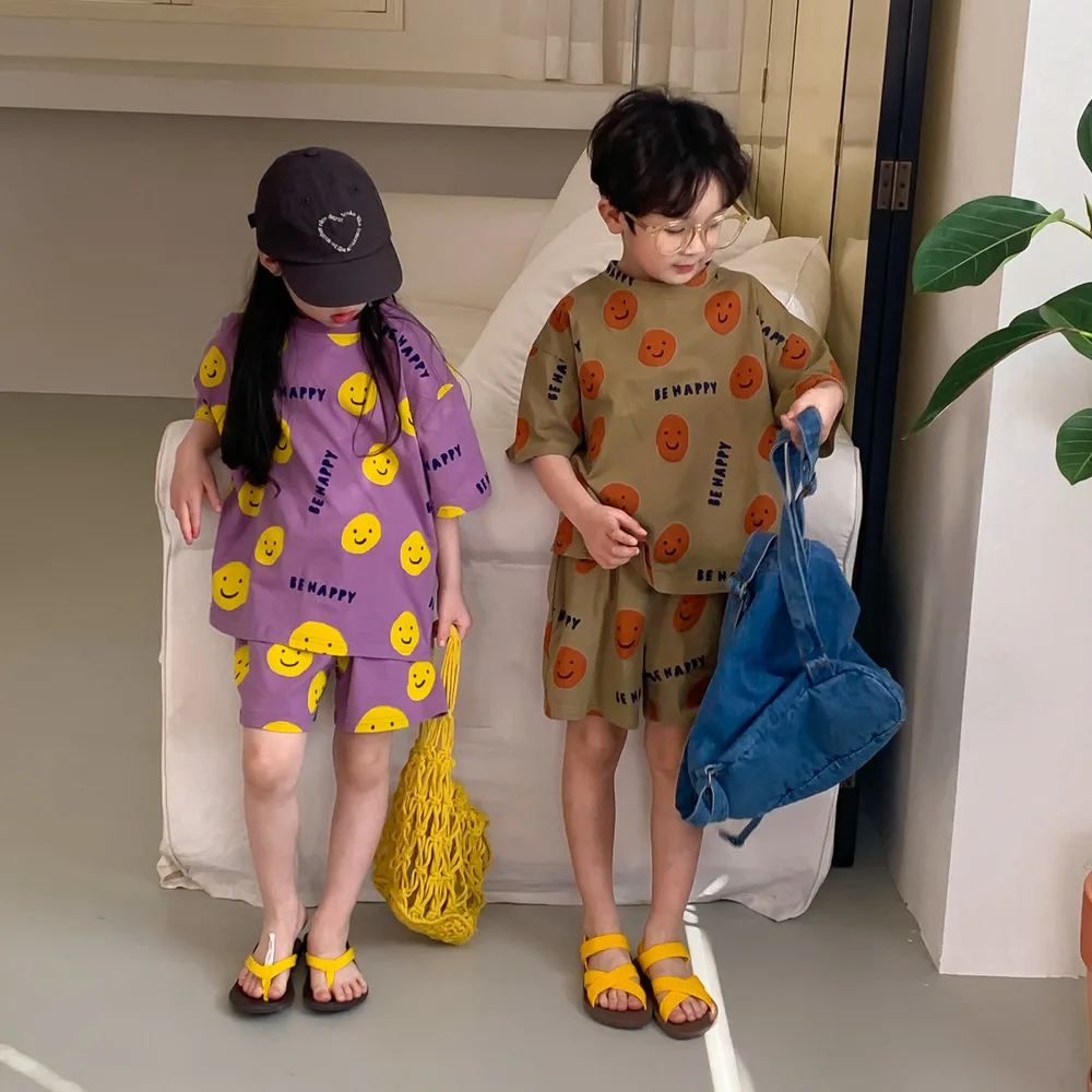 Summer Children's Korean Version Of The Casual Suit Short-Sleeved Shorts Boys And Girls Cartoon Smiley Face In Small Children Su