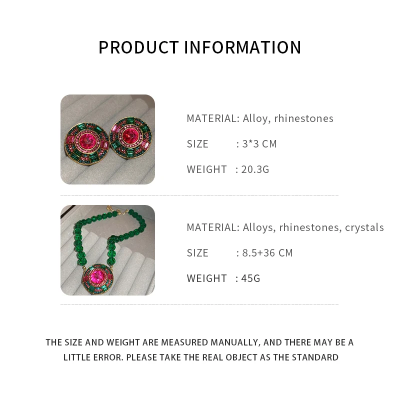Green Faceted Crystal Chain Necklace Geometric Round Pendant Necklace Stud Earrings Jewelry Set Rhinestone Necklaces Party K0