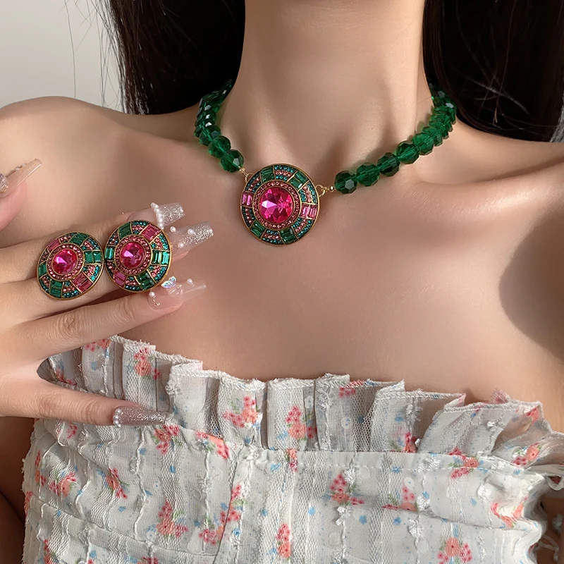 Green Faceted Crystal Chain Necklace Geometric Round Pendant Necklace Stud Earrings Jewelry Set Rhinestone Necklaces Party K0