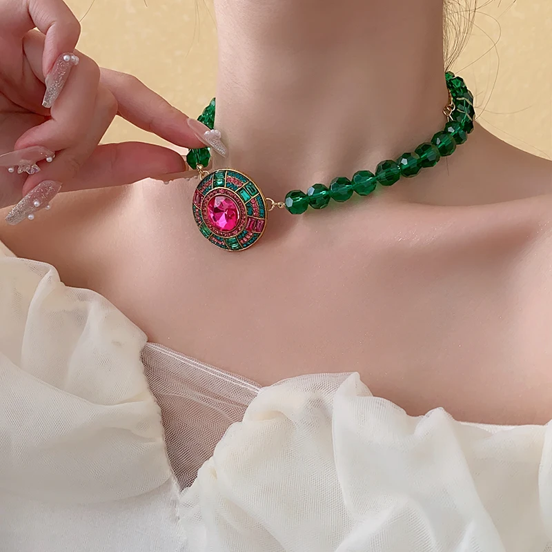 Green Faceted Crystal Chain Necklace Geometric Round Pendant Necklace Stud Earrings Jewelry Set Rhinestone Necklaces Party K0