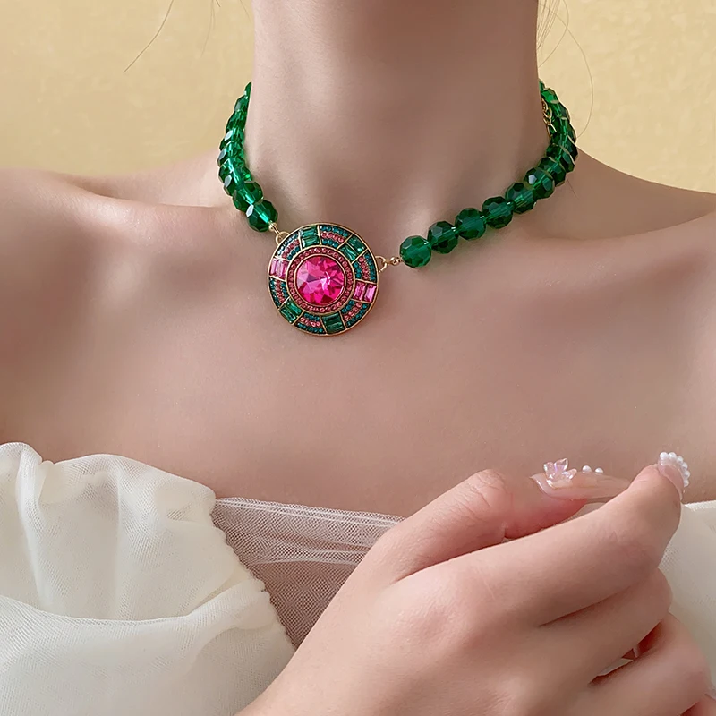 Green Faceted Crystal Chain Necklace Geometric Round Pendant Necklace Stud Earrings Jewelry Set Rhinestone Necklaces Party K0