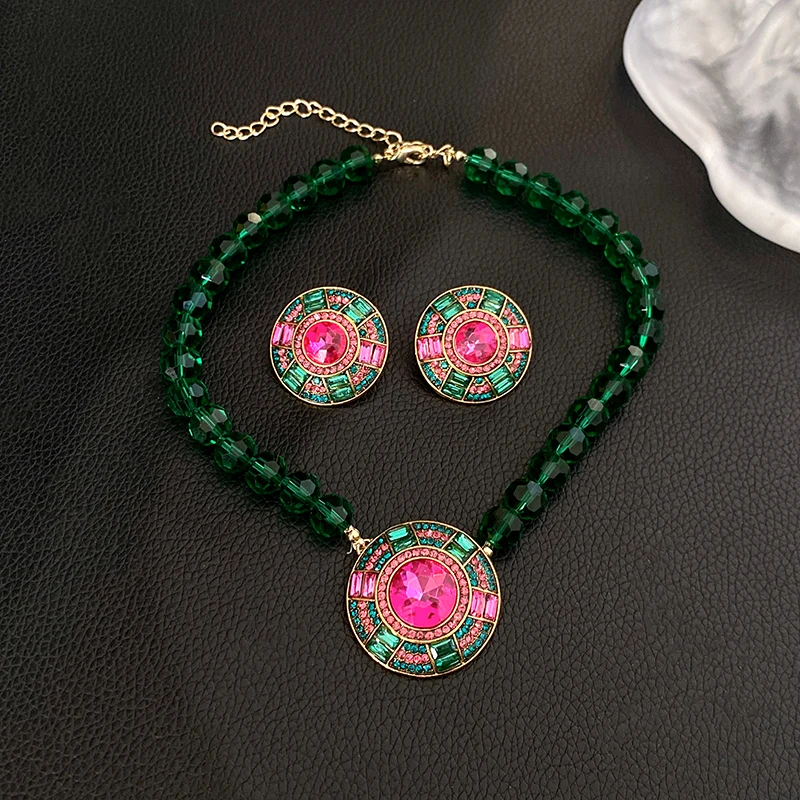 Green Faceted Crystal Chain Necklace Geometric Round Pendant Necklace Stud Earrings Jewelry Set Rhinestone Necklaces Party K0