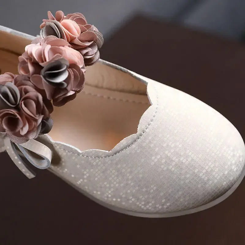 Children's Flats Lace Big Flower Princess Party Performance Shoes Big Student Girl Shoes for Kids Soft Sole Leather Flats
