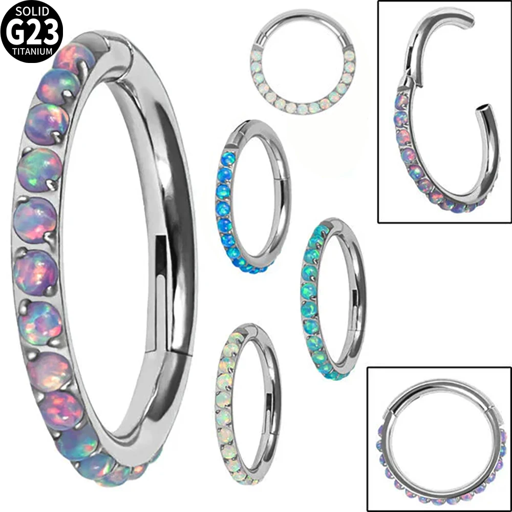 1PC G23 Titanium Micro Opal Septum Clicker Hinged Nose Hoop Ring Ear Tragus Cartilage Daith Helix Earring Jewelry