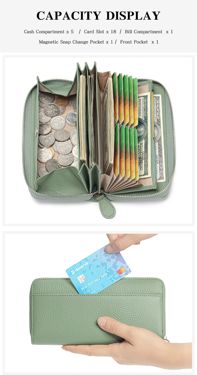 Long Zipper Wallet for Women Genuine Leather RFIDBlocking Large Capacity Credit Card Holder Wallets with Coin Pouch MoneyPockets