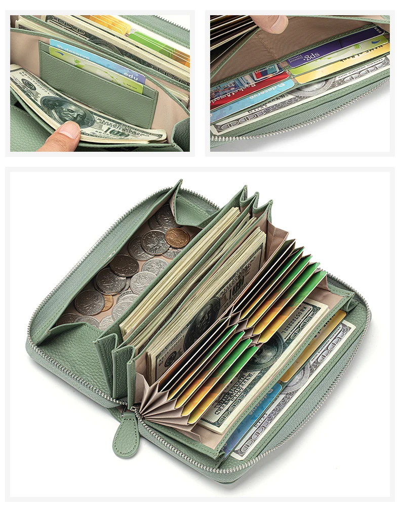 Long Zipper Wallet for Women Genuine Leather RFIDBlocking Large Capacity Credit Card Holder Wallets with Coin Pouch MoneyPockets