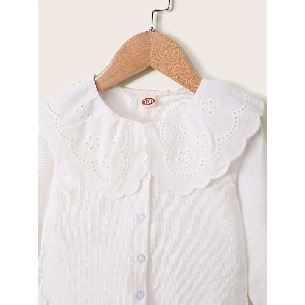 Kids Girl 1-6Y Button T Shirt Hollow Lace Collar White Long Sleeved Lovely Korean Version Top Autumn Toddler Girl Clothes