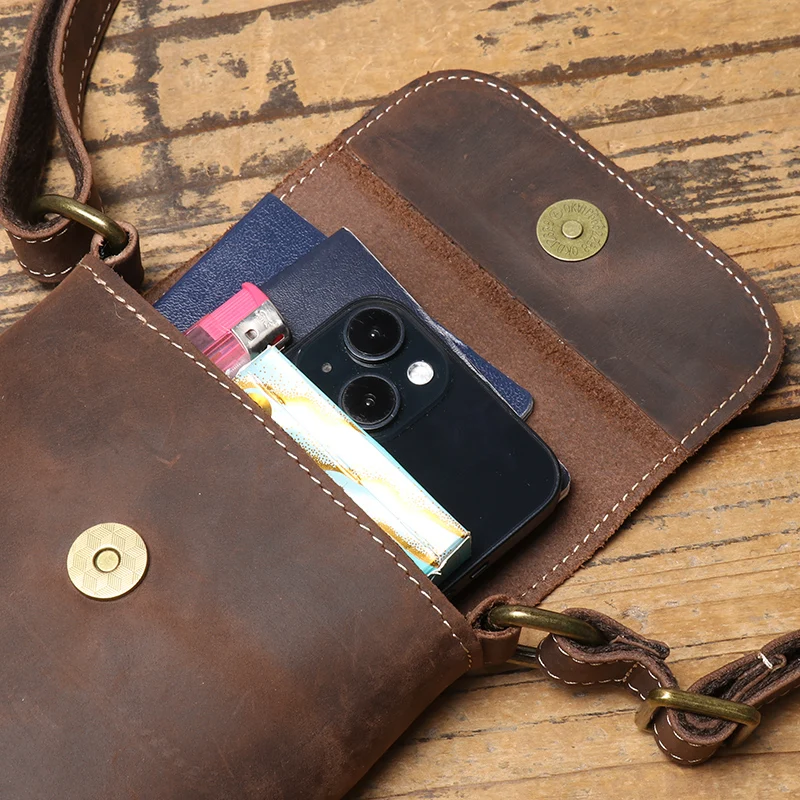Genuine Leather Retro Sling Crossbody Bags Men Phone Key Organizer Bag Wallet Men's Flip Magnetic Buckle Shoulder Bag